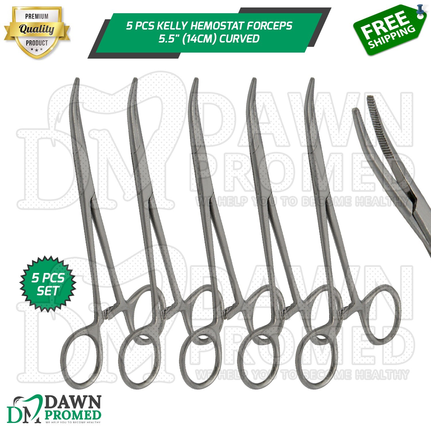 5 Pcs Kelly Hemostat Forceps Curved 5.5\