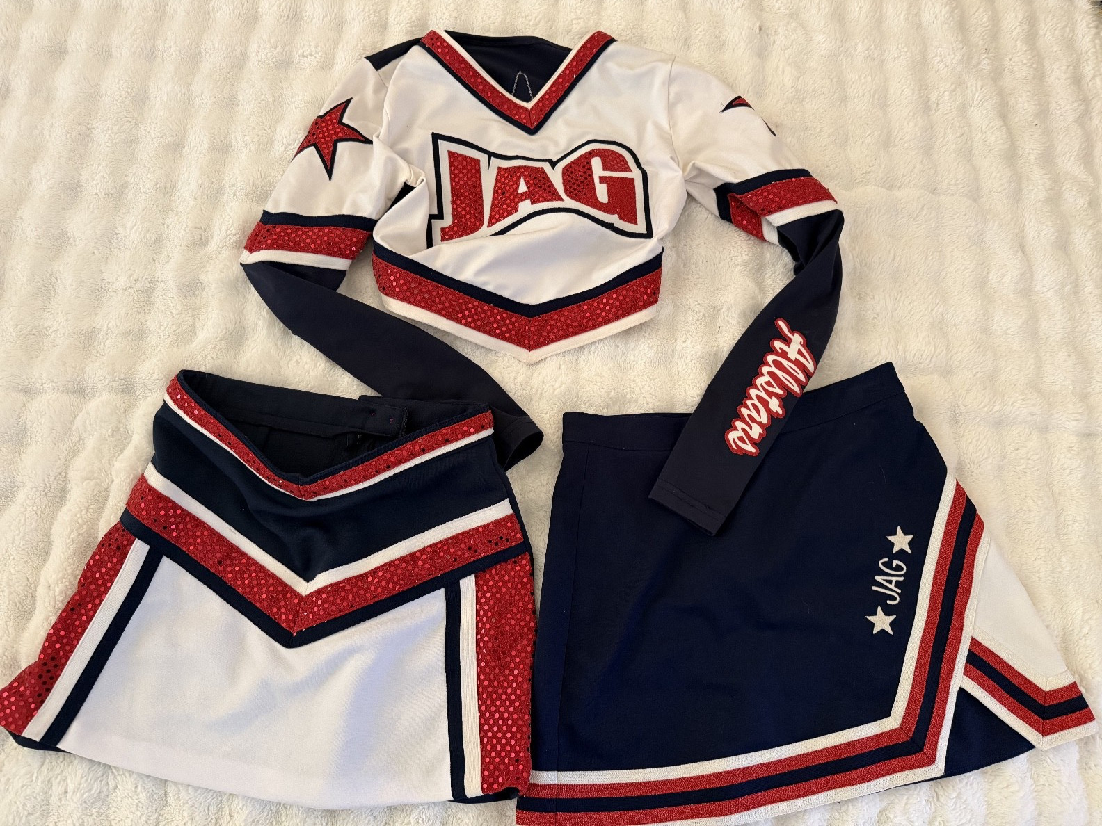 JAG Cheer Cheerleader Uniform Outfit Set Navy Red White Bust 30 Waist 26-28