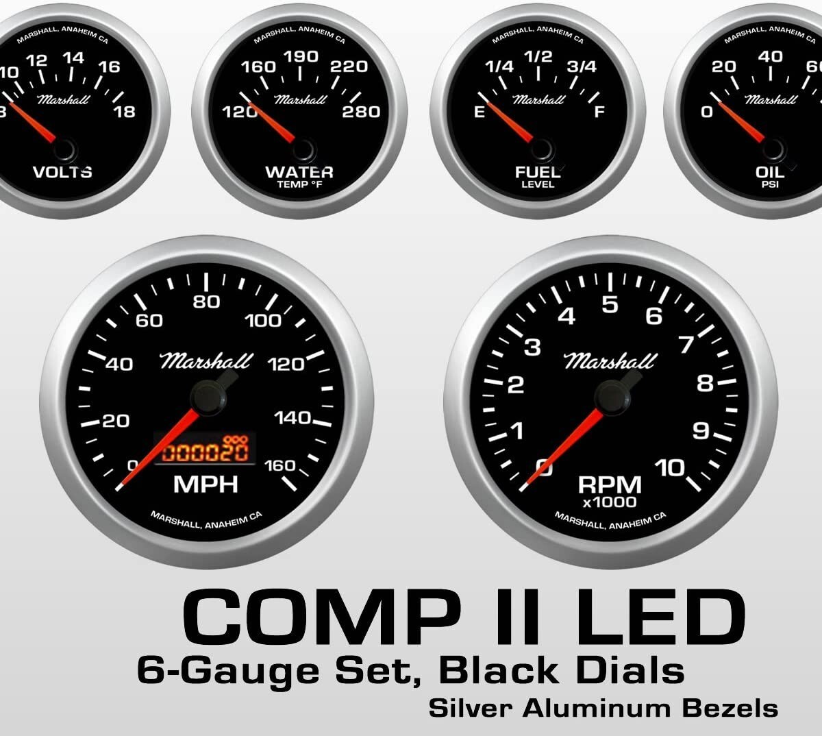 Marshall 6 Gauge Set Sport Comp 2 LED Electric Speedo Black Dial & Silver Bezel Marshall 6 Gauge Set Sport Comp 2 LED Electric Speedo Black Dial & Silver Bezel