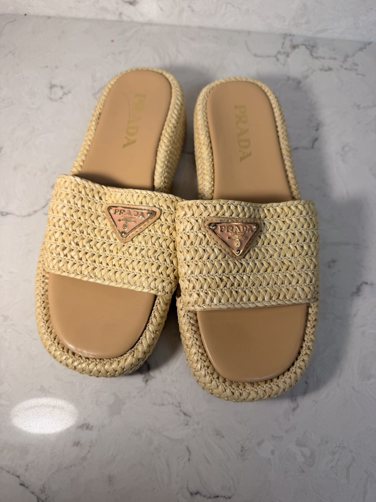 PRADA Women’s Beige Cotton Blend Logo Slide Sandals Slip On US 10.5
