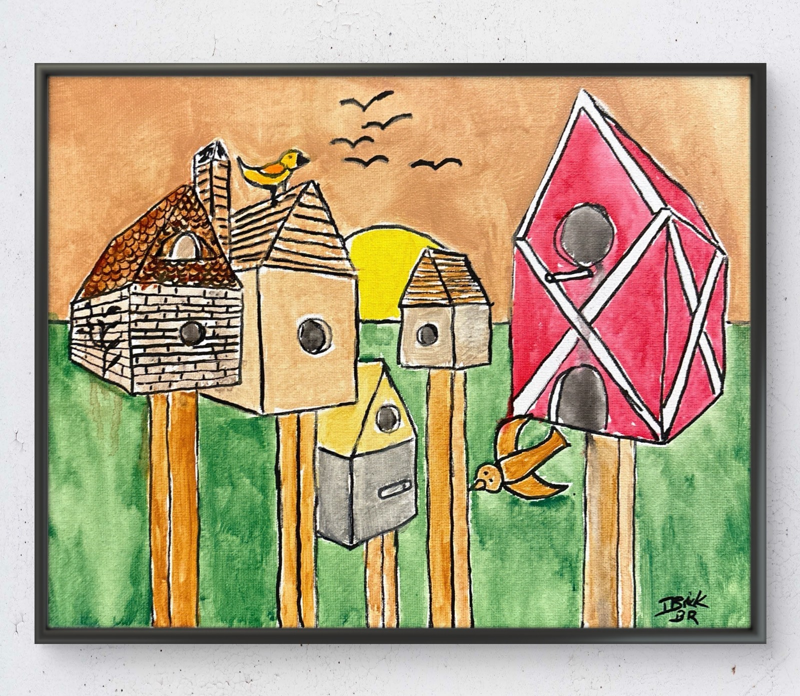 Original Hand Painted 11x14 Folk Art Bird Houses Canvas Signed Acrylic Art