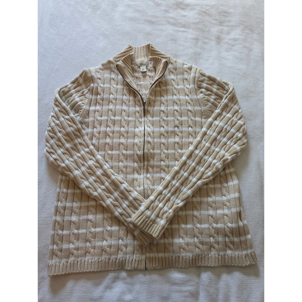 LL Bean Womens Beige White Striped Cable Knit Full Zip Cotton Sweater Large LL Bean Womens Beige White Striped Cable Knit Full Zip Cotton Sweater Large