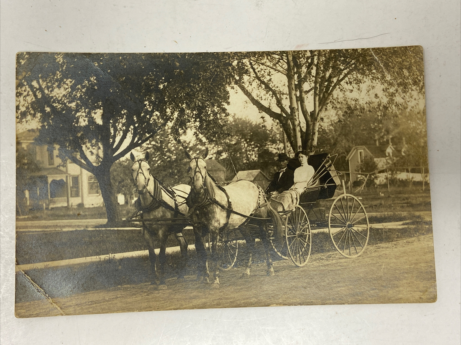 Real Photo Horses Carriage Man Woman Postcard RPPC Unknown Location AZO Houses Real Photo Horses Carriage Man Woman Postcard RPPC Unknown Location AZO Houses