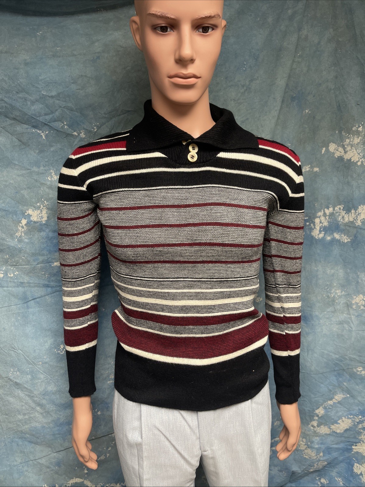 Vintage 1970s 80s Men’s Acrylic Bellini Sweater Collared Striped S