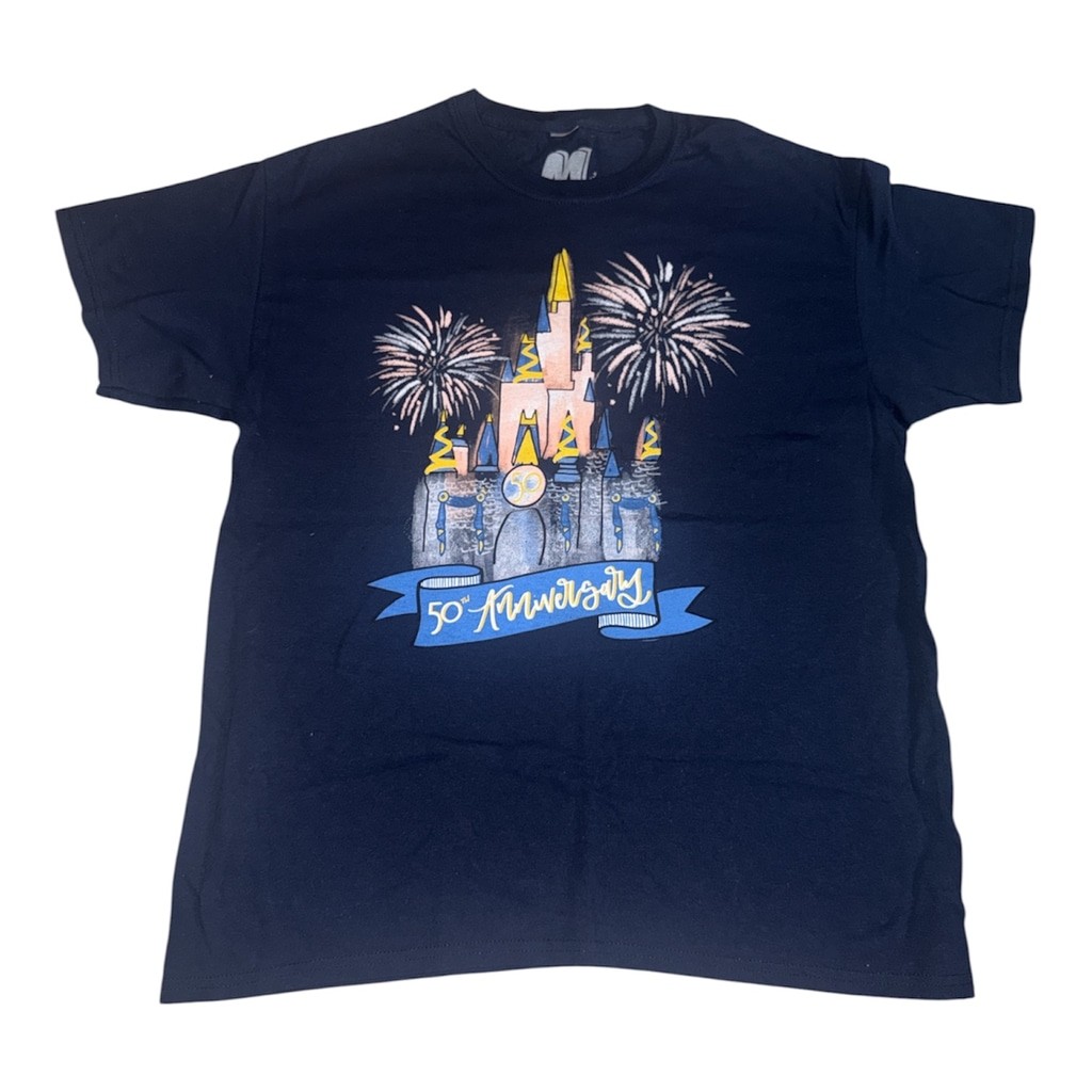 Disney World 50th Anniversary Cinderella Castle Graphic T-Shirt - Navy Blue Size
