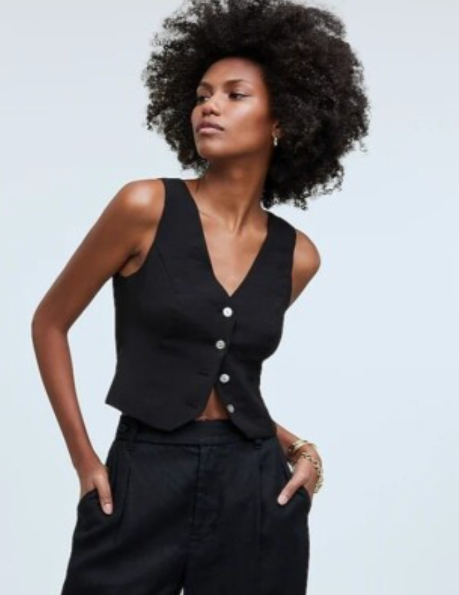NWT Madewell Katrina Black Cropped Softdrape V-Neck Button Front Vest Sz 12