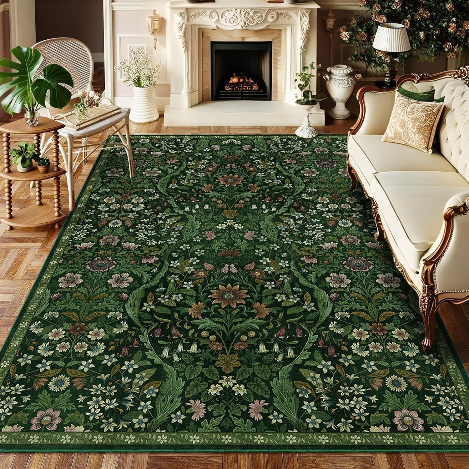 5×7 Dark Green Washable Floral Area Rug Vintage Boho Soft Low-Pile Stain