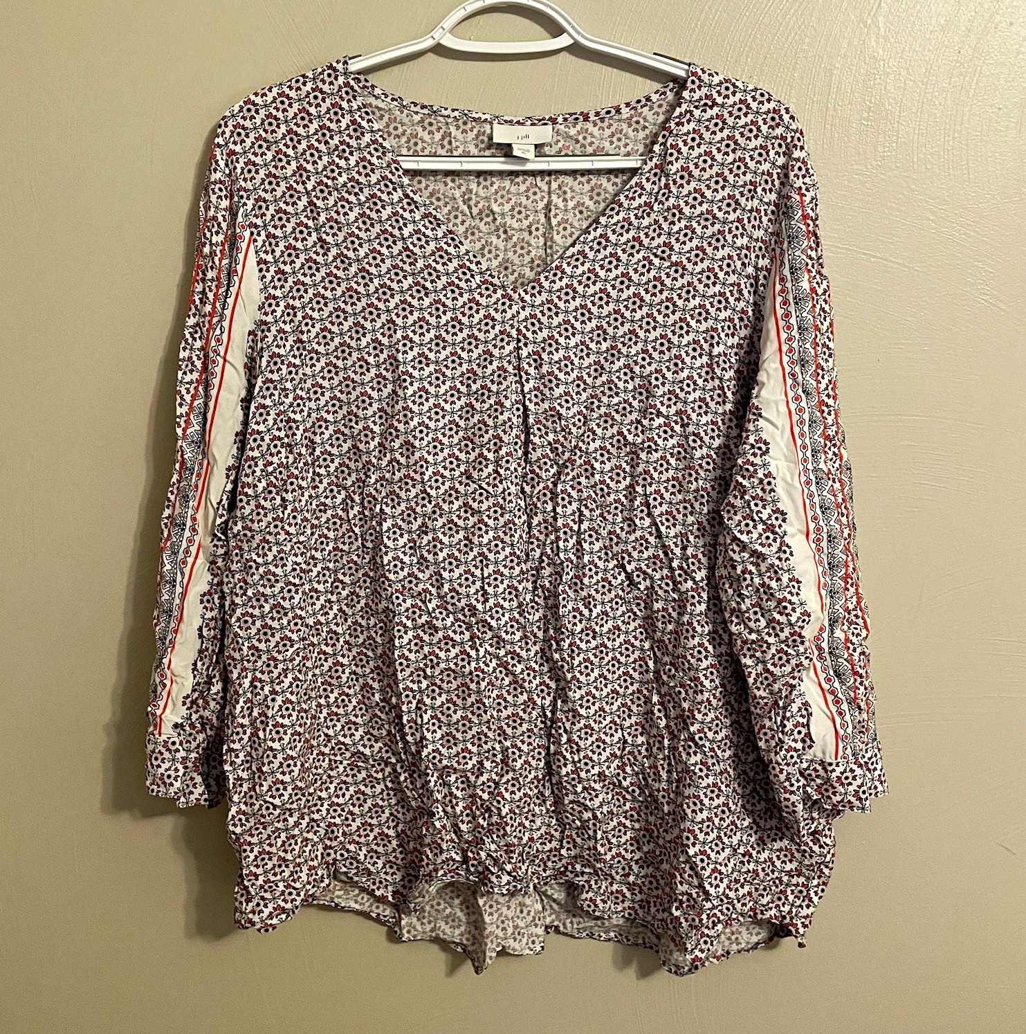J. Jill Women’s White Red Black Floral V-Neck Button Tunic 3/4 Sleeve XL