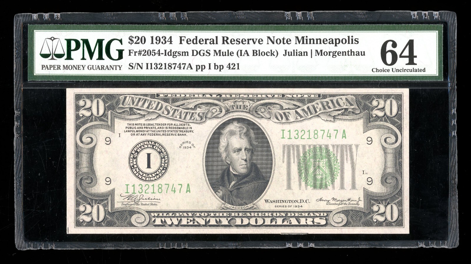 DBR 1934 $20 FRN DGS Mule Minneapolis Fr. 2054-Idgsm PMG 64 Serial I13218747A