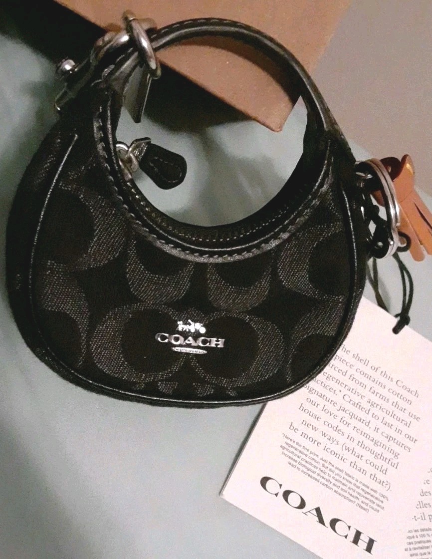 NWT Coach Micro Carmen Bag Charm Key Chain FOB Signature C\'s Black Denim Silver 