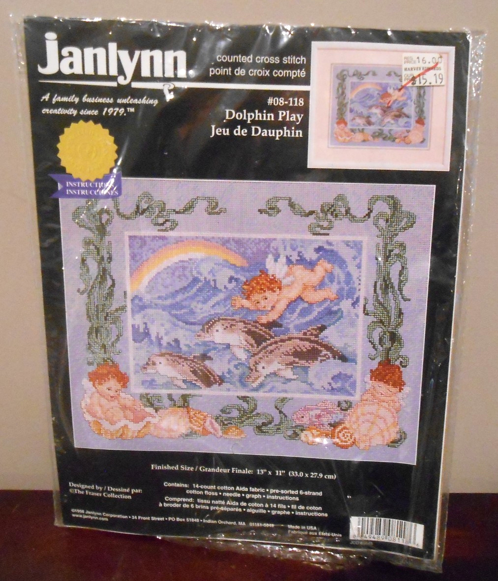 Vintage Janlynn Counted Cross Stitch \'Dolphin Play\' Angel 13 x 11 Kit - Sealed