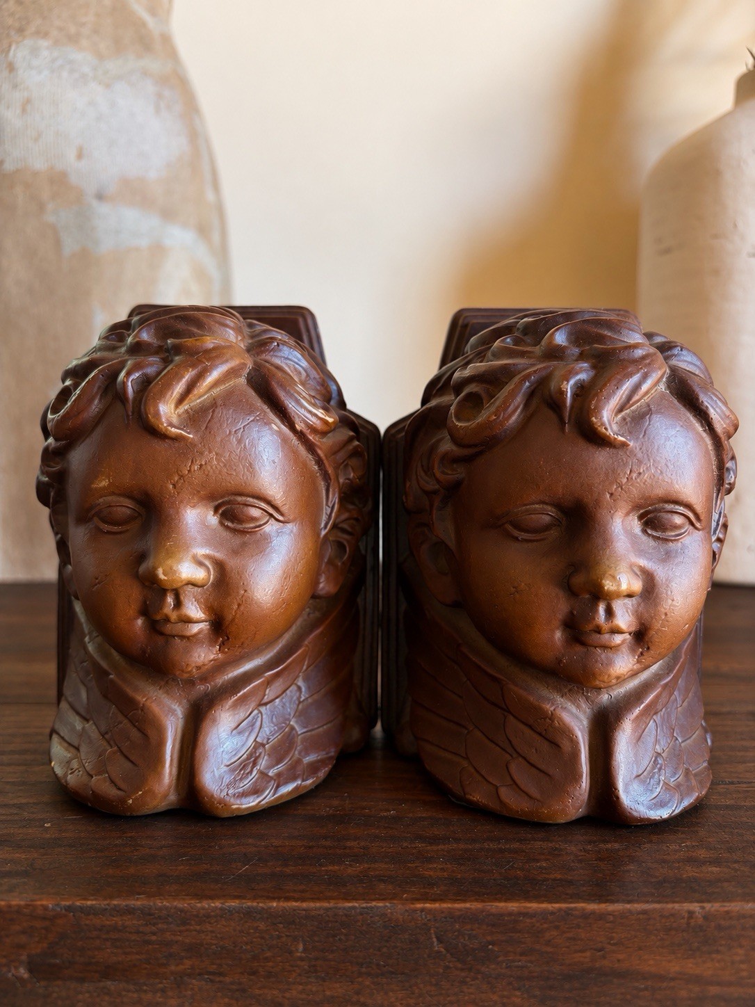 Vintage Heavy Plaster Cherub Angel Bookends – Bronze Finish Putti Pair