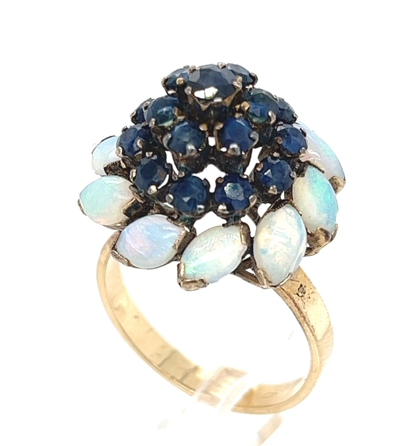 Vintage 18K Gold Blue Sapphire Opal Thai Princess Harem Cocktail Ring Sz 8.75