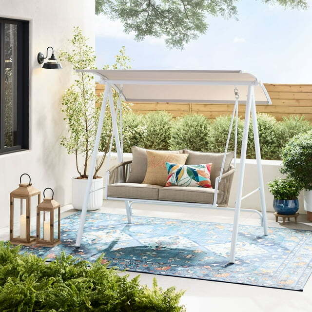 White Canopy Two Seat Patio Swing with Cushions Home Outdoor Furniture