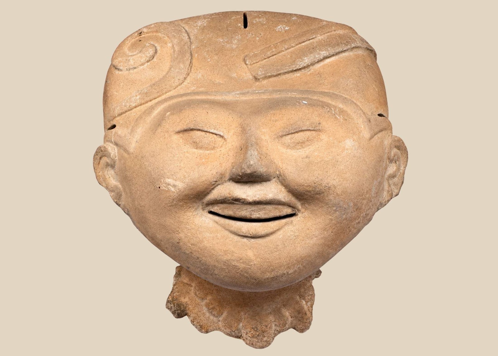 Pre-Columbian Veracruz Sonriente “Smiling Face” Terracotta Head with Scroll-Moti