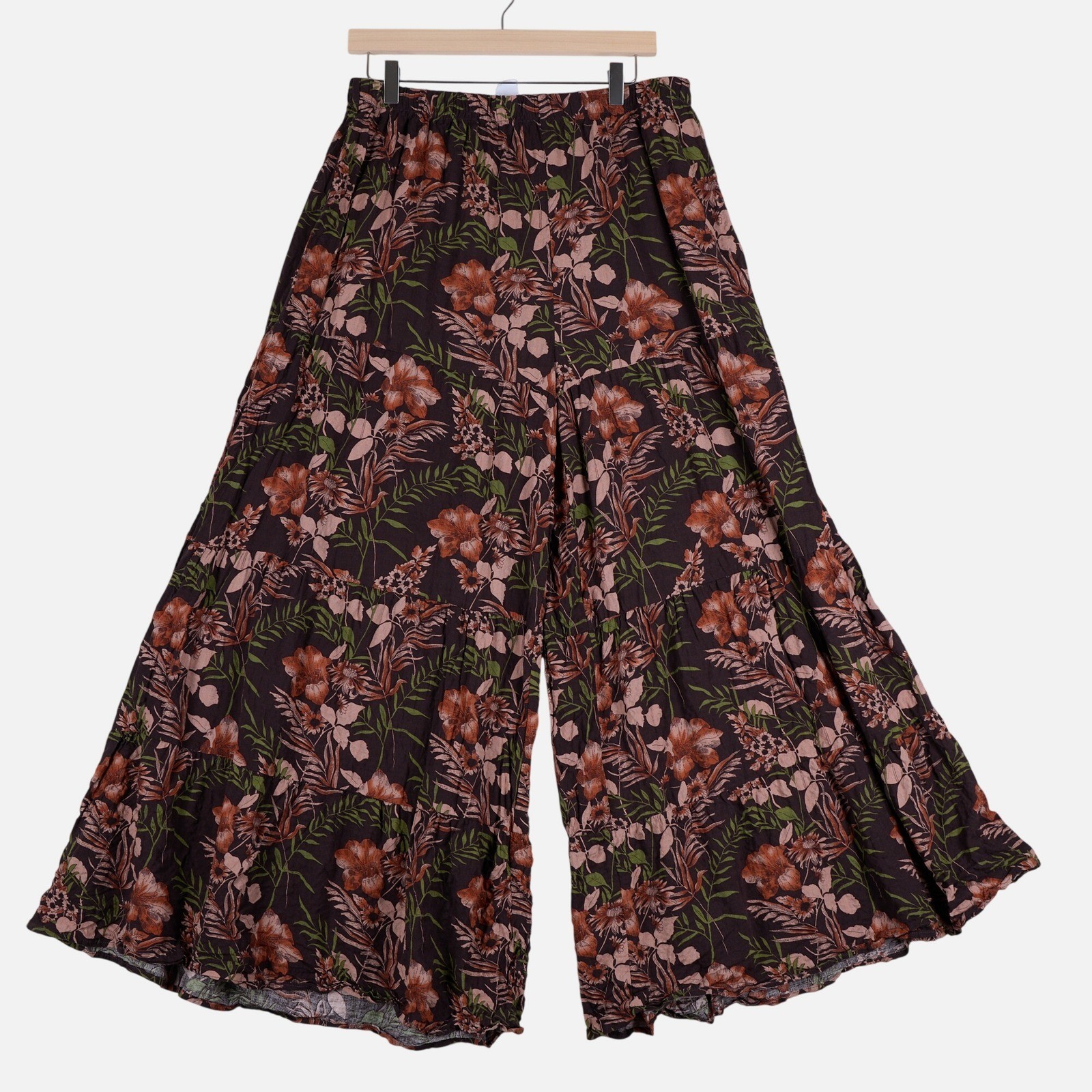 Natural Life Palazzo Pant XL Brown Floral Tiered Wide Leg Boho Elastic Waist XL
