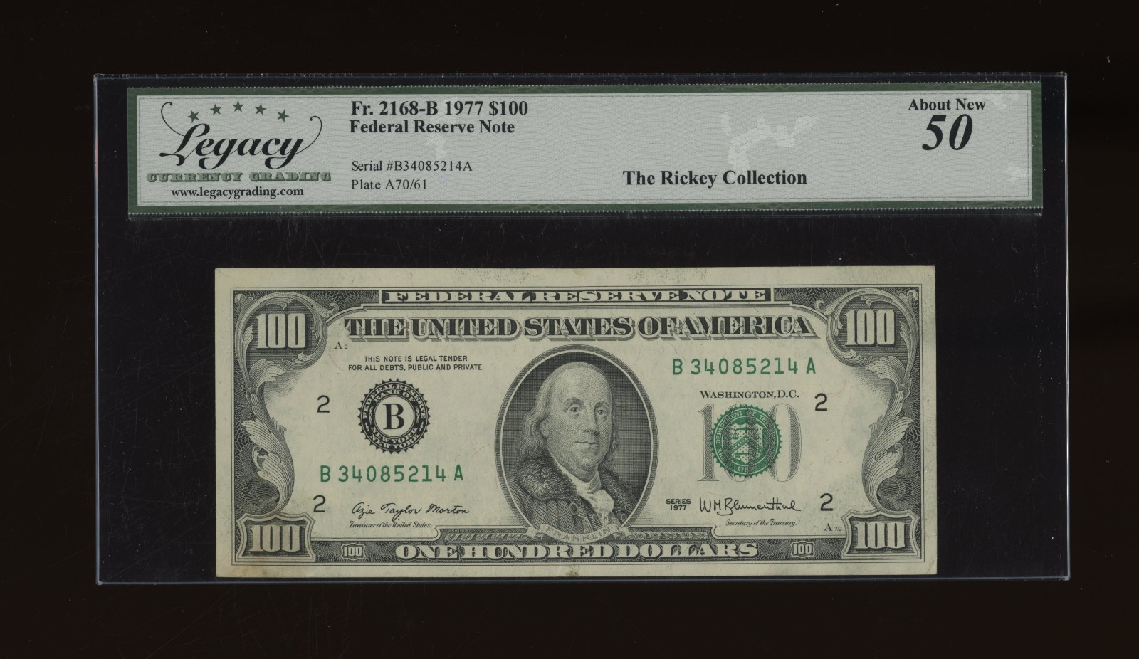DBR 1977 $100 FRN New York Fr. 2168-B Legacy AU-50 Serial B34085214A