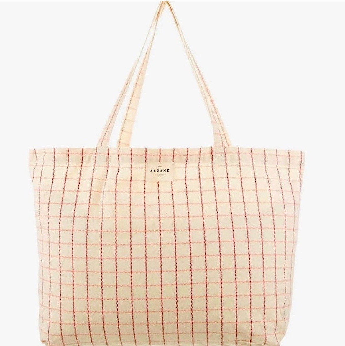 Sezane Natural Canvas Geometric Grid Plaid Shopper Tote Bag NWOT Sezane Natural Canvas Geometric Grid Plaid Shopper Tote Bag NWOT