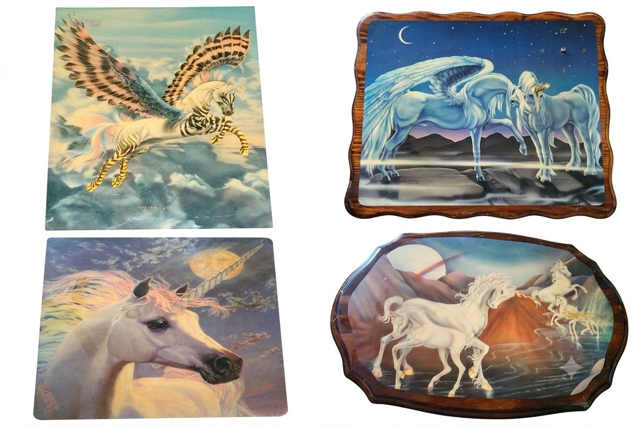 4 Vtg 1980s Fantasy Art 2-Signed Sue Dawe Unicorns Horse Pegasus Wood