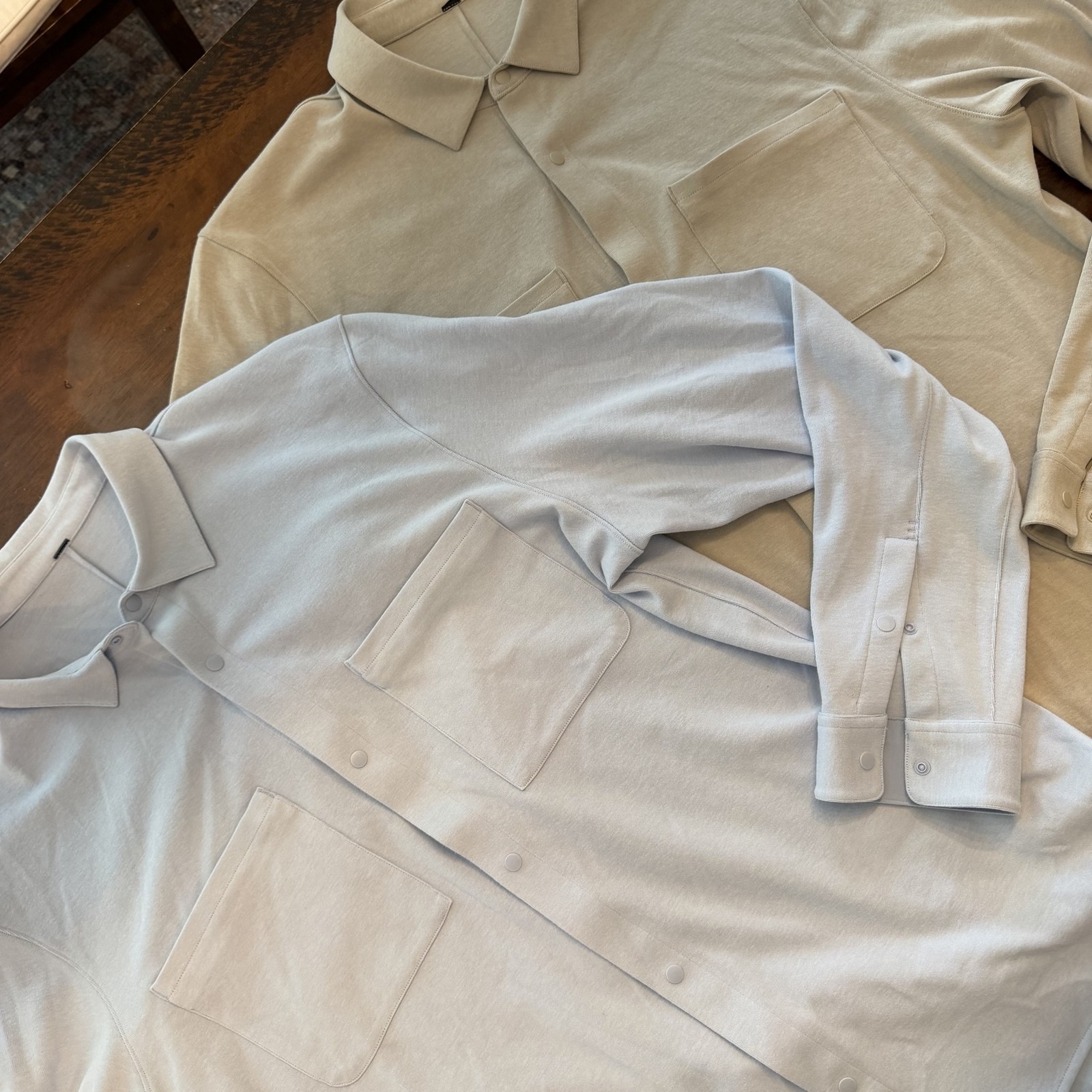Lot of 2 Lululemon Soft Knit Overshirt Mens XL Beige Blue Long Sleeve Snap Front Lot of 2 Lululemon Soft Knit Overshirt Mens XL Beige Blue Long Sleeve Snap Front