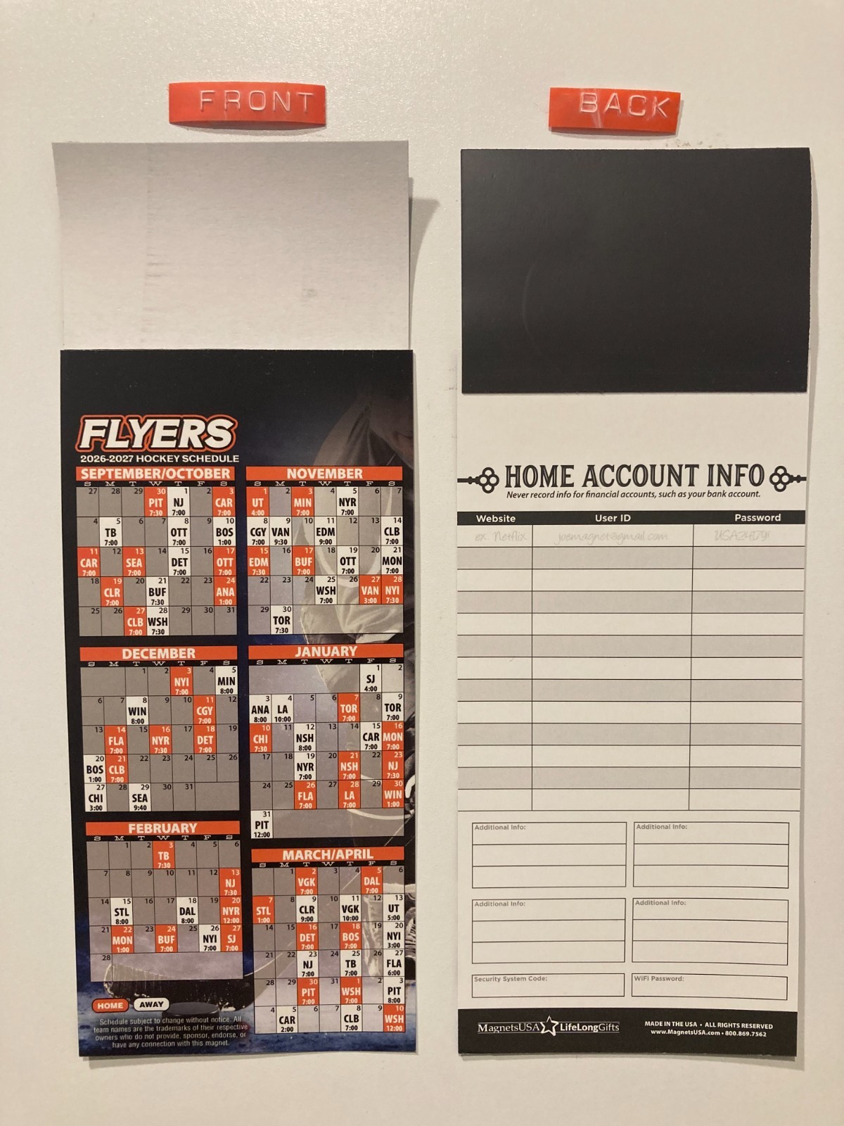 NHL 2026-2027 PHILADELPHIA FLYERS PARTIAL MAGNET SCHEDULE TEAMS, DATES & TIMES