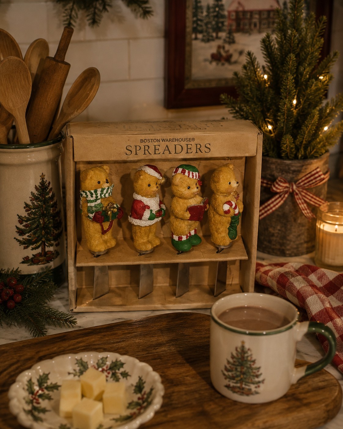 Boston Warehouse Vtg Set Of 4 Christmas Bears Stainless Steel Knife Spreaders ❄️