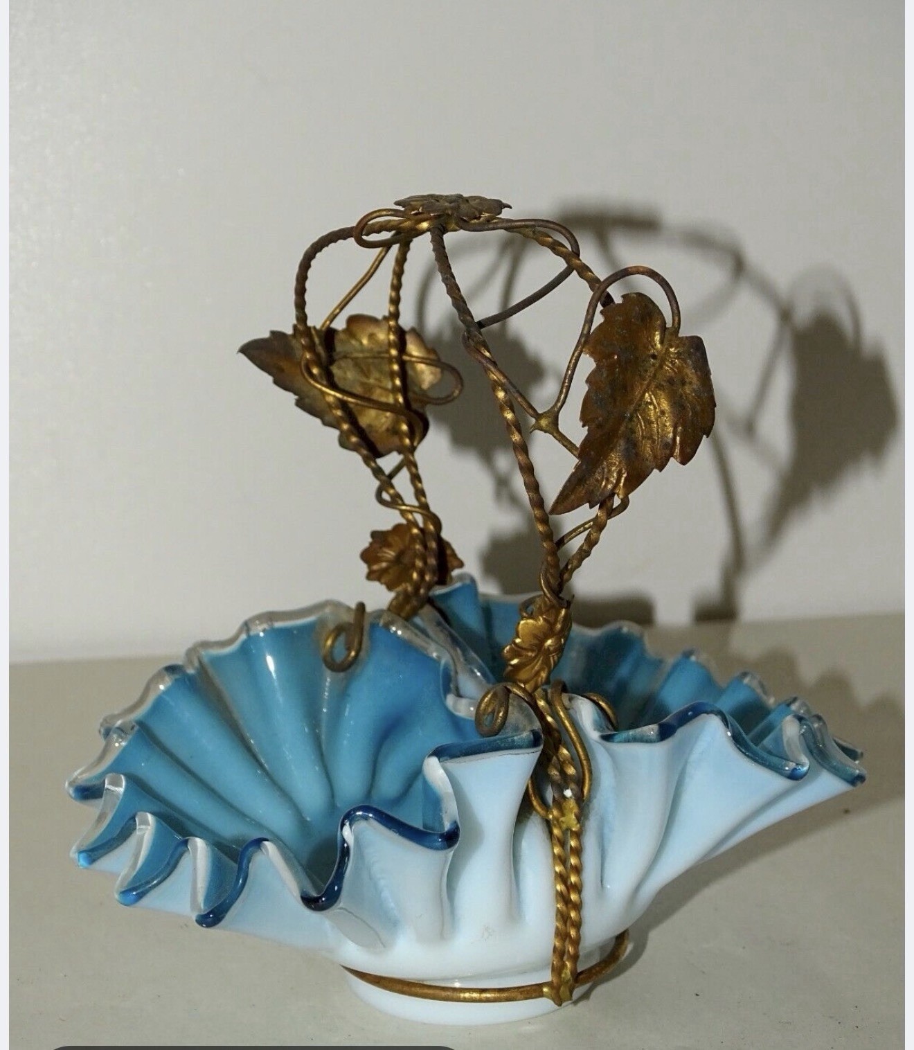 Antique French Opaline Glass Basket Double Ruffled Blue Brass Frame Napoleon III Antique French Opaline Glass Basket Double Ruffled Blue Brass Frame Napoleon III