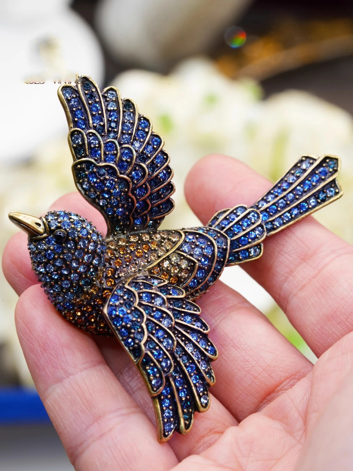Vintage Blue Rhinestone Bird Brooch Sparkling Crystal Flying Bird Pin Vintage Blue Rhinestone Bird Brooch Sparkling Crystal Flying Bird Pin