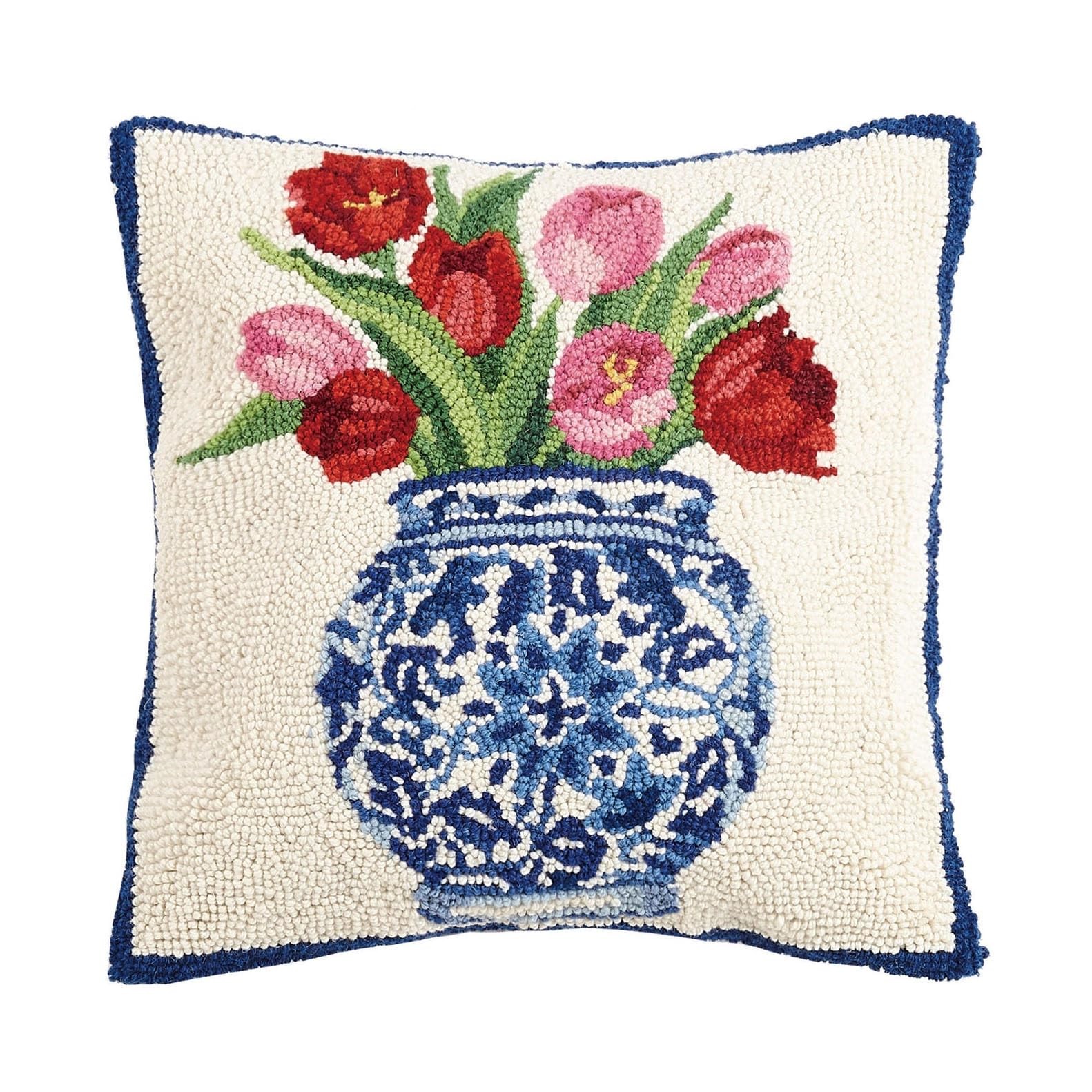 Peking Handicraft 30SER515AC16SQ Chinoiserie Vase Tulips Hook Pillow, 100%