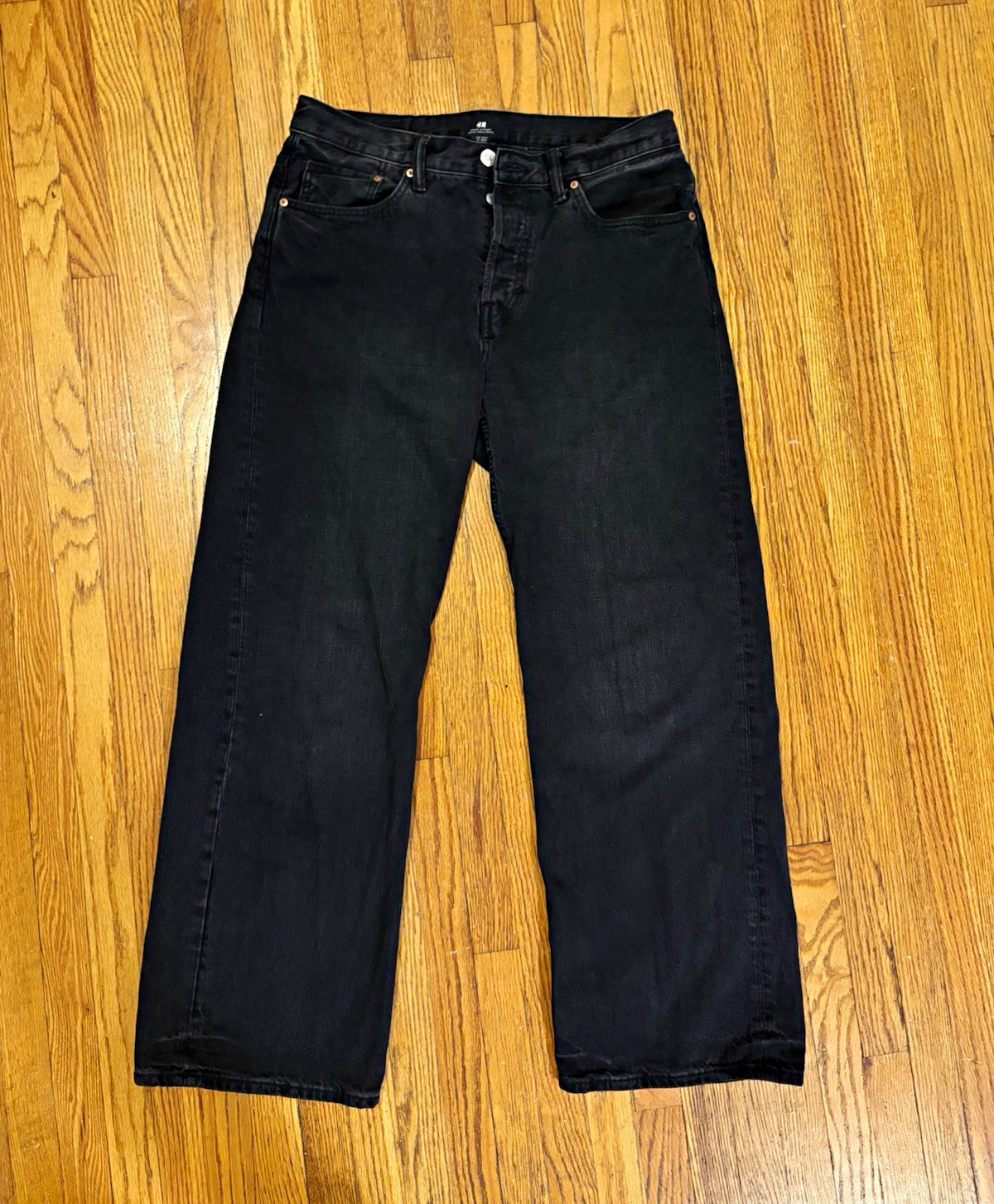 H&M Men\'s Black Straight Fit Loose Denim Jeans 5-Pocket