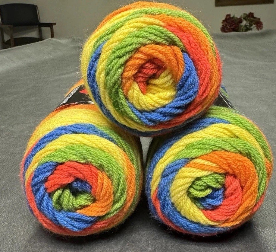 RED HEART Super Saver 3-Pack yarn RAINBOW STRIPE; 5 Oz Skeins