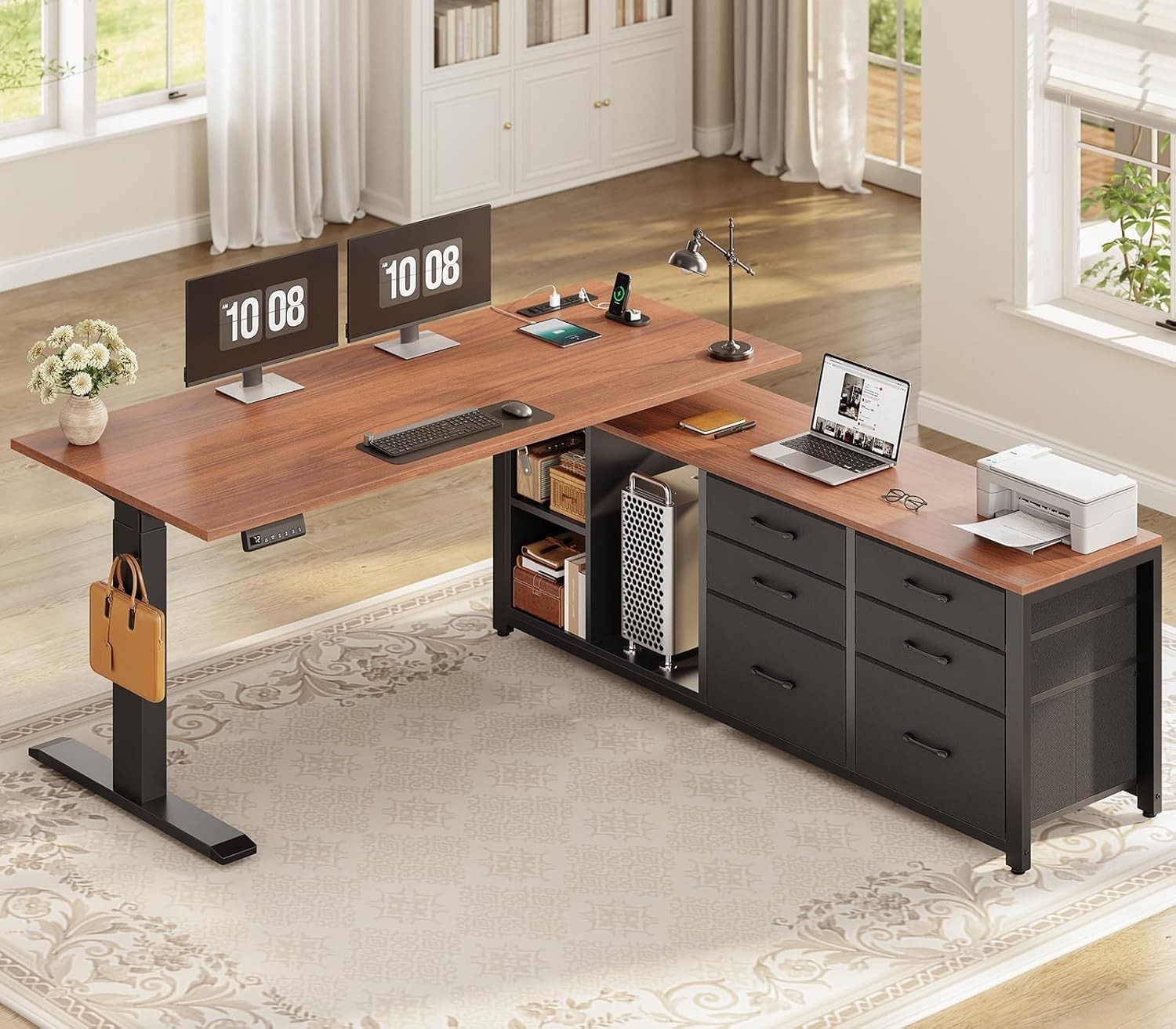 L Shaped Electric Standing Desk with 6 Drawers, Height Adjustable Computer Desk