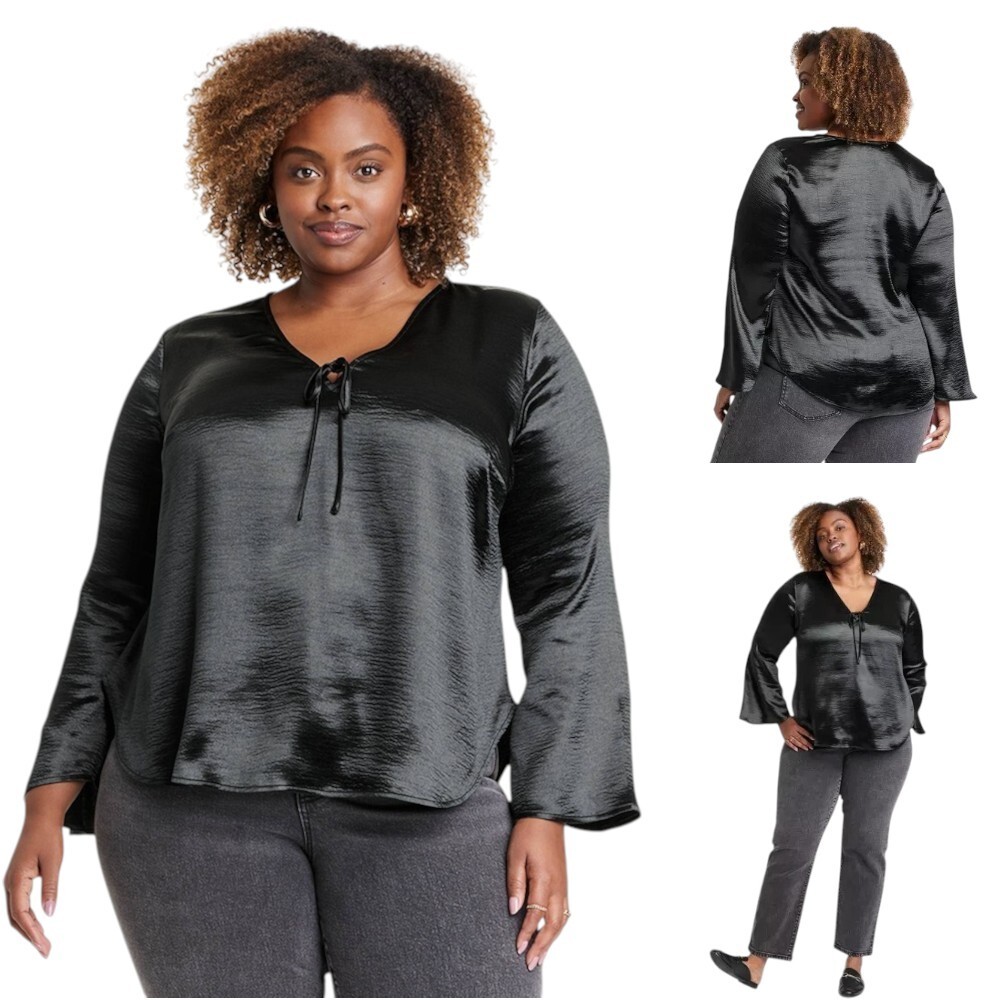 Ava & Viv Womens Plus 1X Flared Long Sleeve Satin Blouse Top Front Tie Black