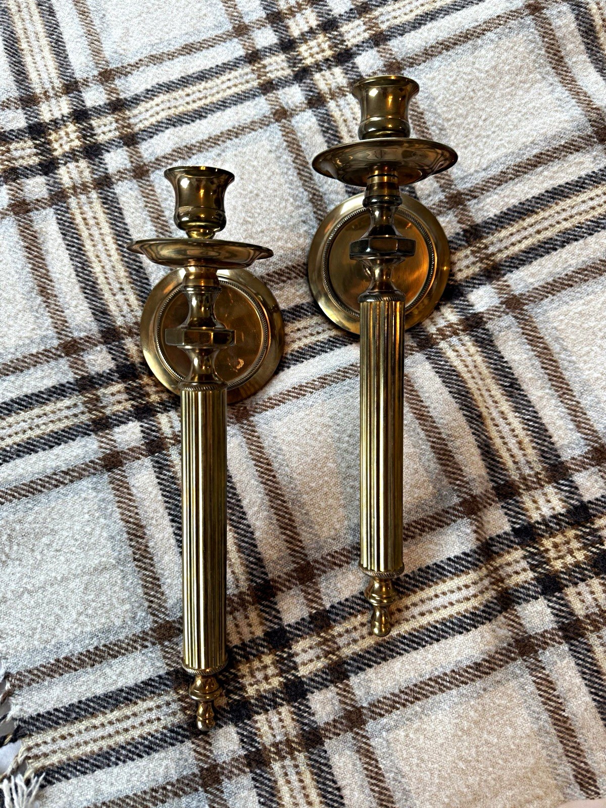 Vintage Gatco Brass Wall Mounted Taper Candle Sconces, Traditional Round, Pair Vintage Gatco Brass Wall Mounted Taper Candle Sconces, Traditional Round, Pair