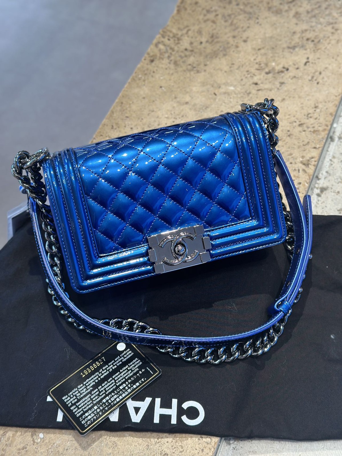 Chanel LeBoy Electric Blue Patent Leather Silver Hardware Small