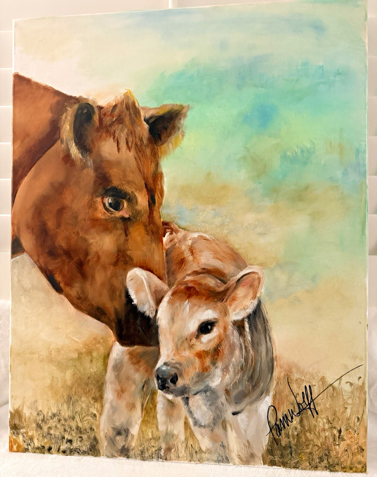 Original Oil Painting Mother Cow & Baby Calf 28” x 22” Signed Western Farm Art
