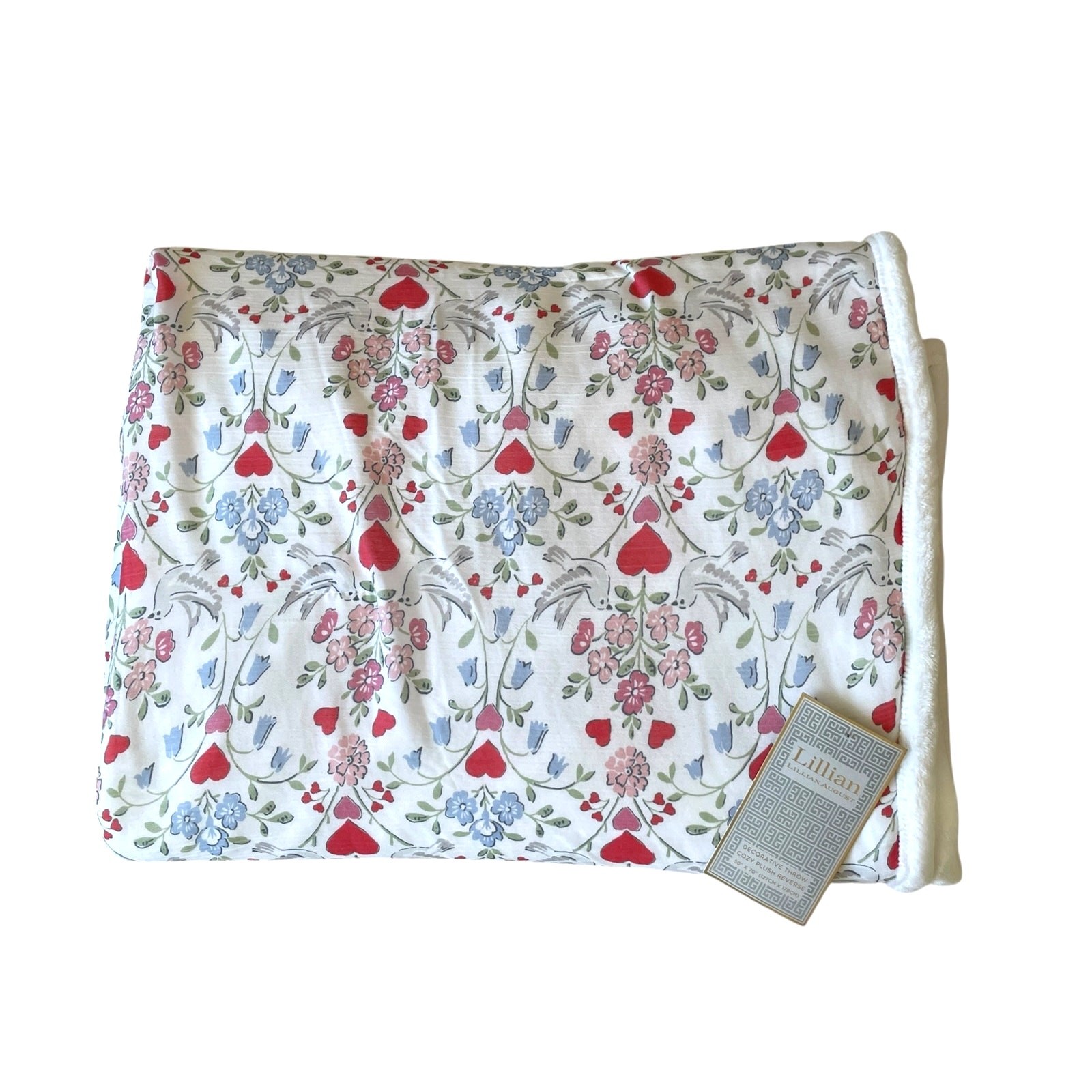 Lillian August Floral Hearts Birds Plush Reversible Gauze Blanket 50x70 NEW