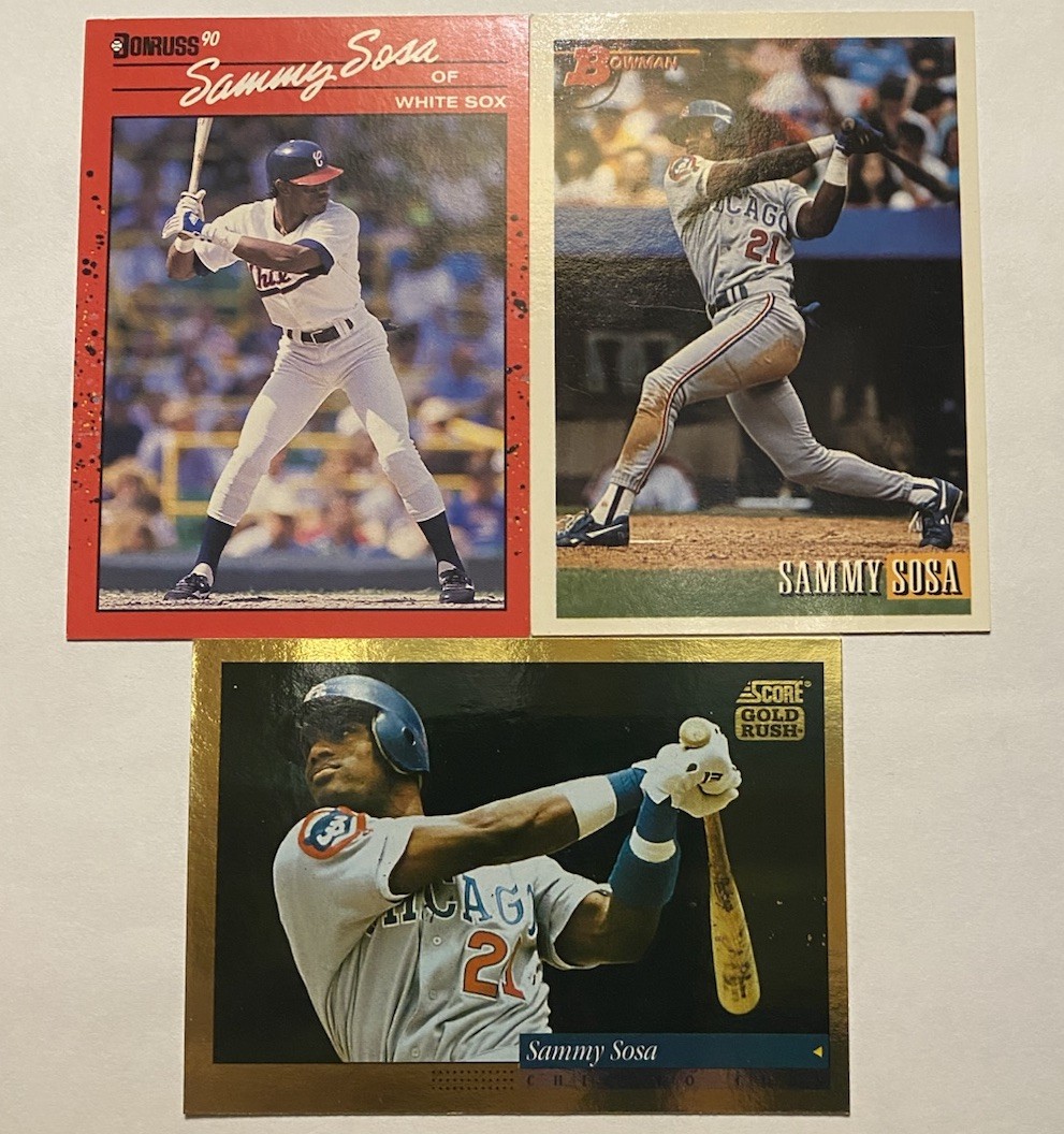 Sammy Sosa Lot: 1990 Donruss RC #489, 1994 Score Gold Rush Parallel, 1993 Bowman Sammy Sosa Lot: 1990 Donruss RC #489, 1994 Score Gold Rush Parallel, 1993 Bowman