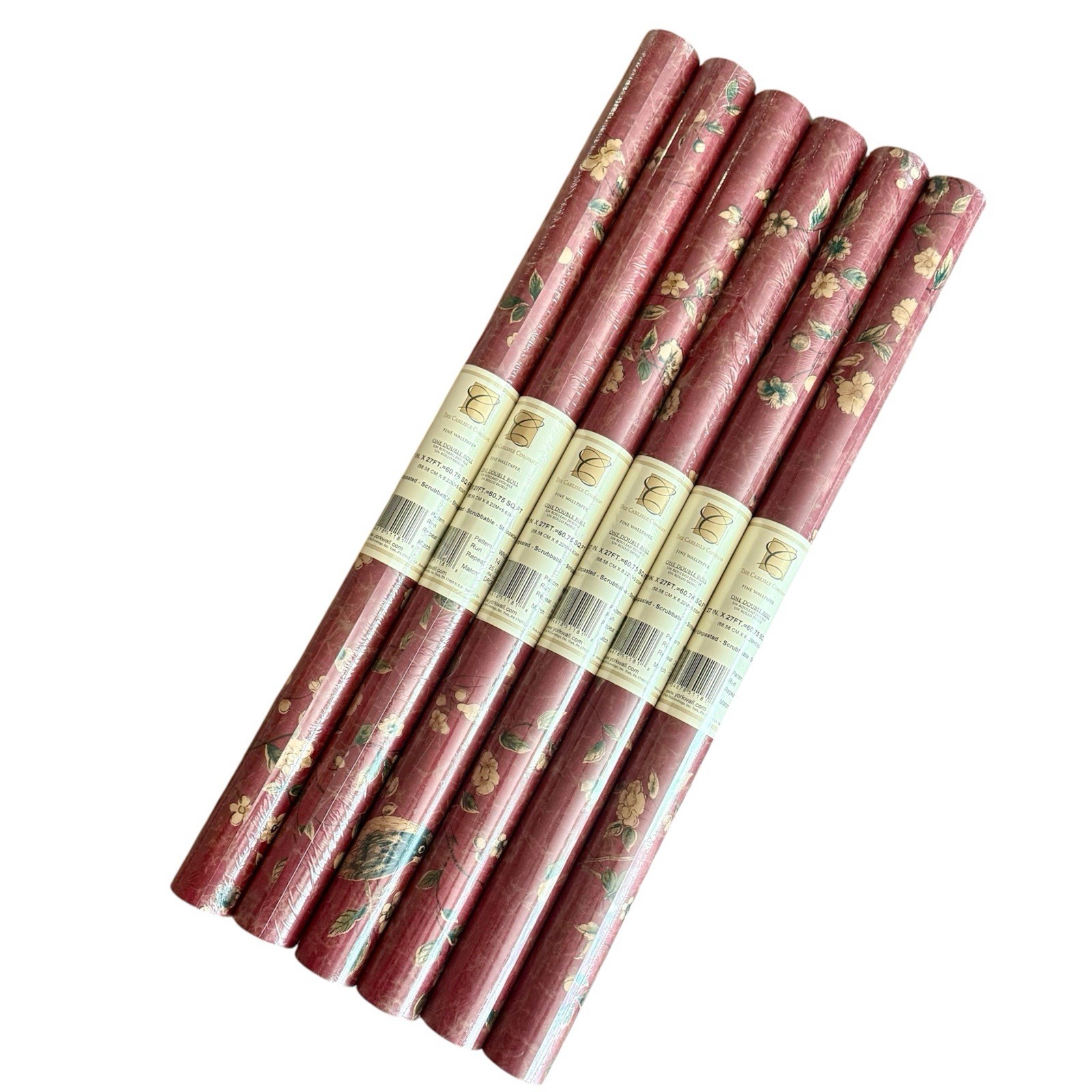 VTG Carlisle Co. Wallpaper Burgundy Birds Floral Country Cottage 6 Double Rolls