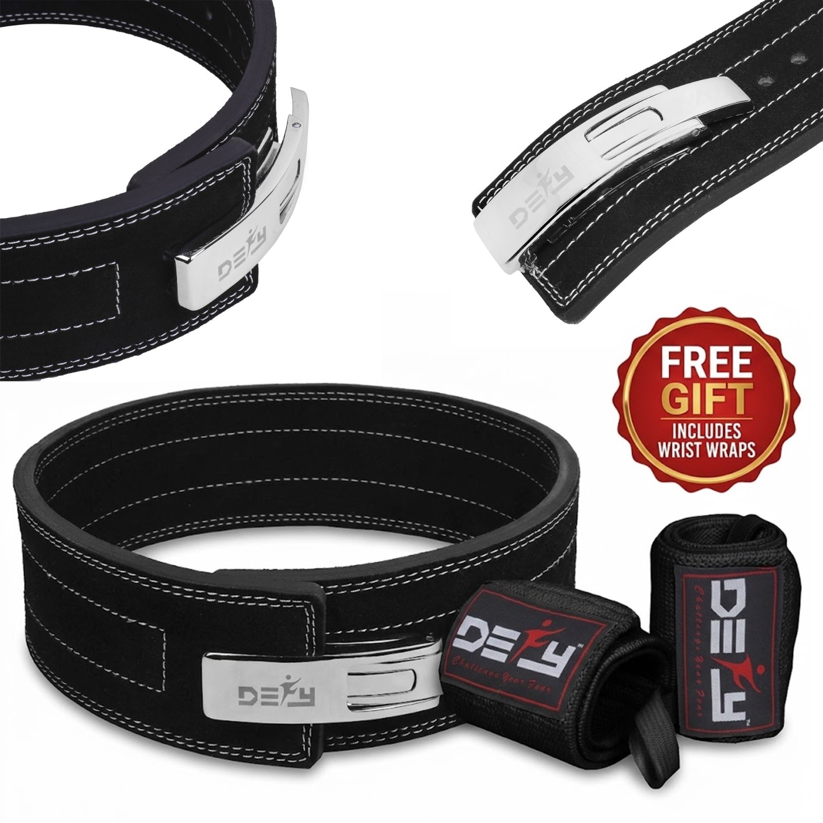 DEFY 10mm Power Lifting Leather Lever Belt Gym Training Black + Free Wrist Wrap