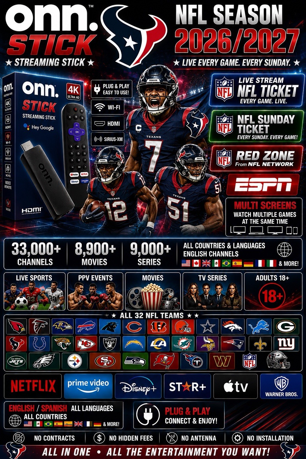 onn. NFL Regular Season 2026/2027 Streaming Stick 4K Wi‑Fi Plug & Play Black