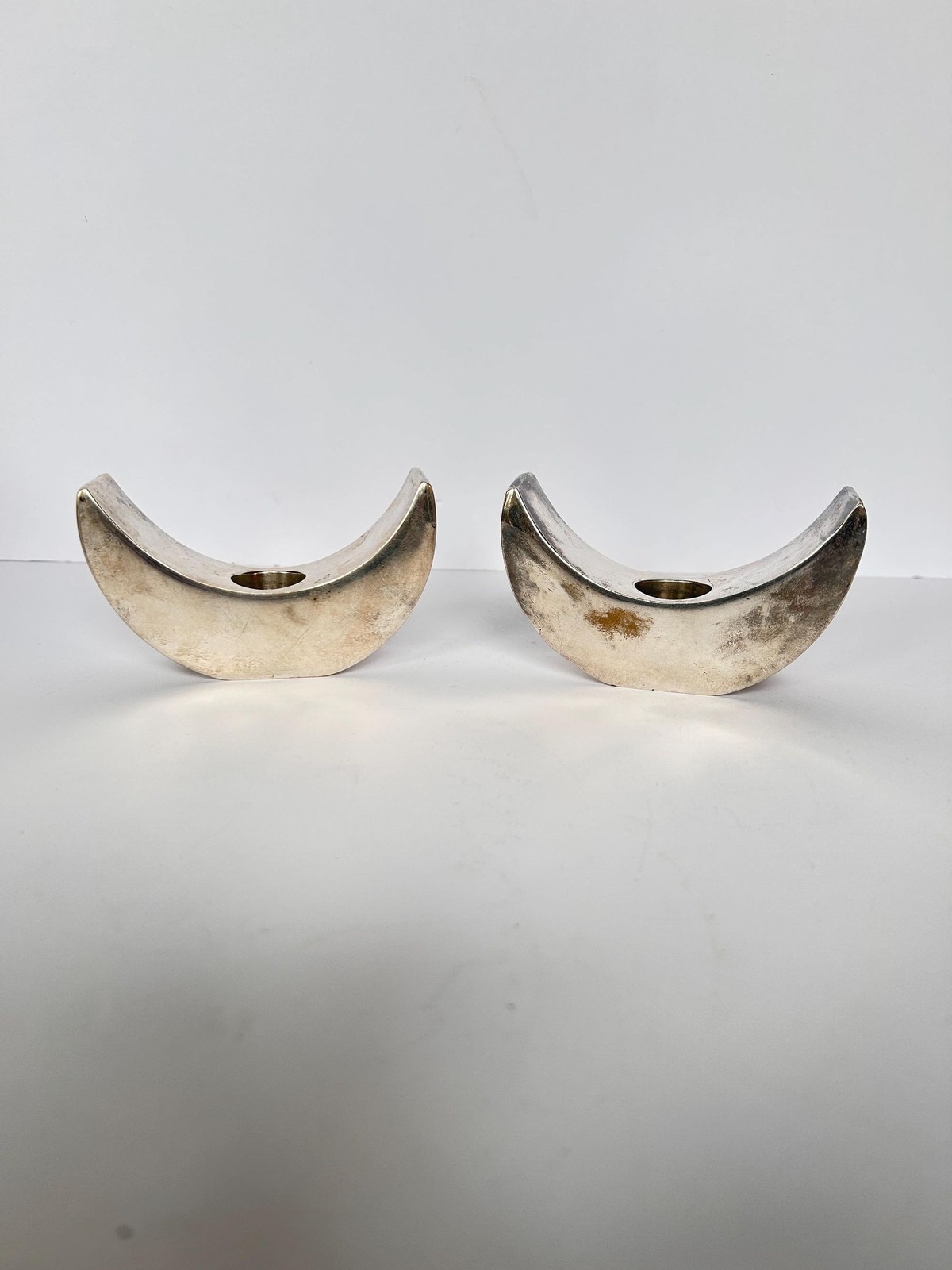 Vintage Mid Century Modern Silver Crescent Candle Holders -Sculptural Minimalist
