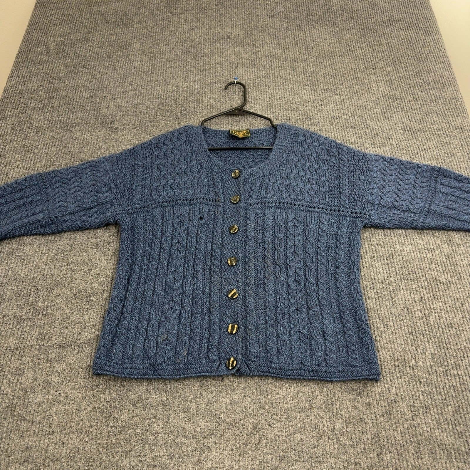 Vintage Carraig Donn Cardigan Womens L Blue Wool Cable Knit Button Up Ireland
