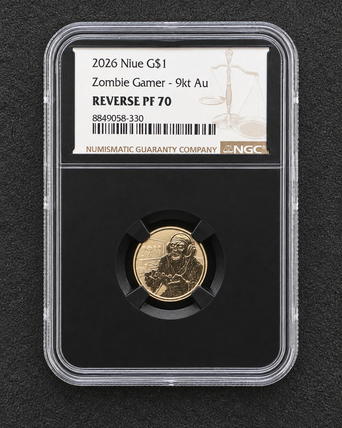 2026 Niue Zombie Gamer 9kt Gold NGC Reverse PF70 G$1 1g Coin