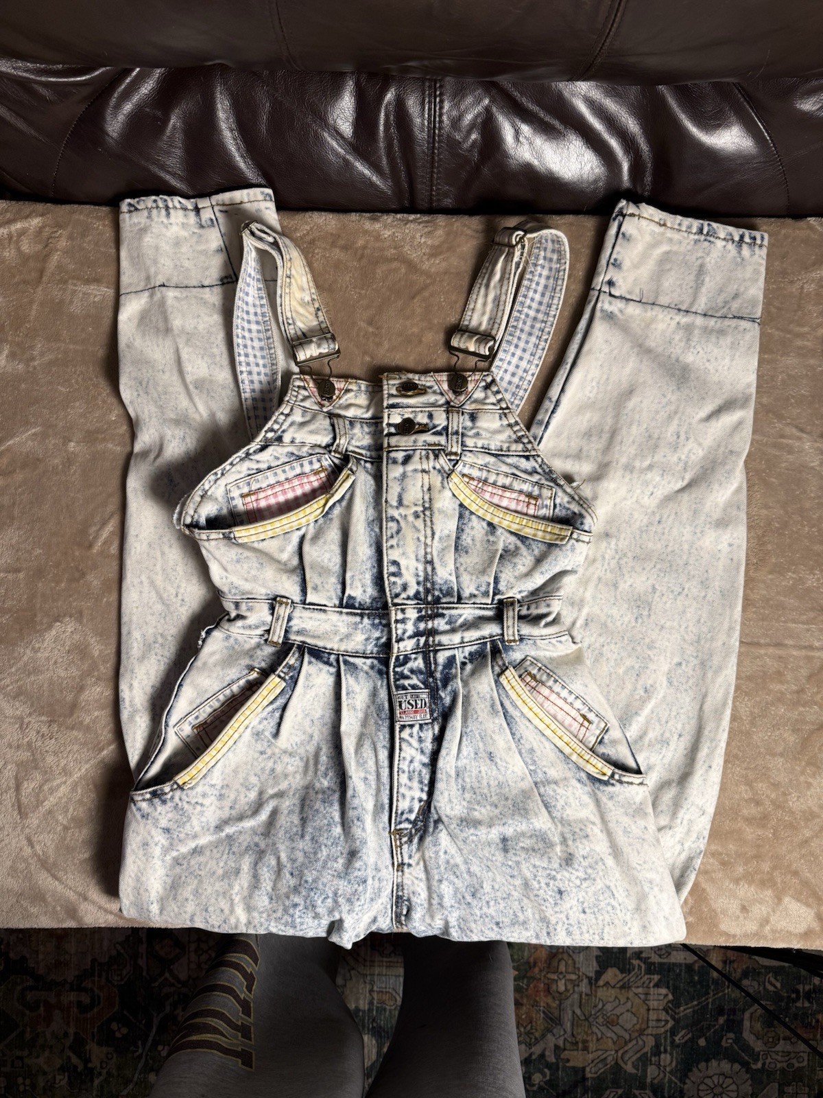 Vintage GET USED by BLUE Denim Overalls Sz 8 Acid Wash Gingham Rare Belted Bibs