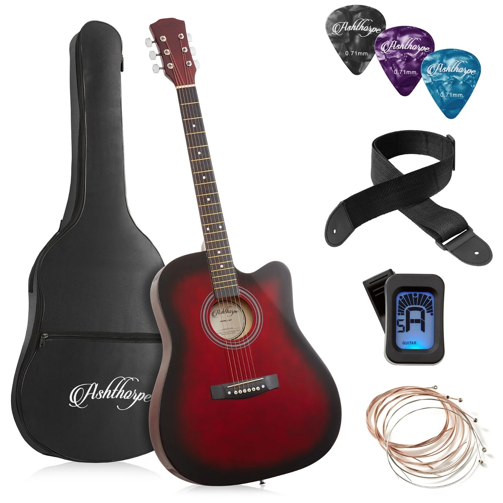 Ashthorpe 41-Inch Beginner Acoustic Guitar Starter Package Red 6 Pre-Installed Ashthorpe 41-Inch Beginner Acoustic Guitar Starter Package Red 6 Pre-Installed