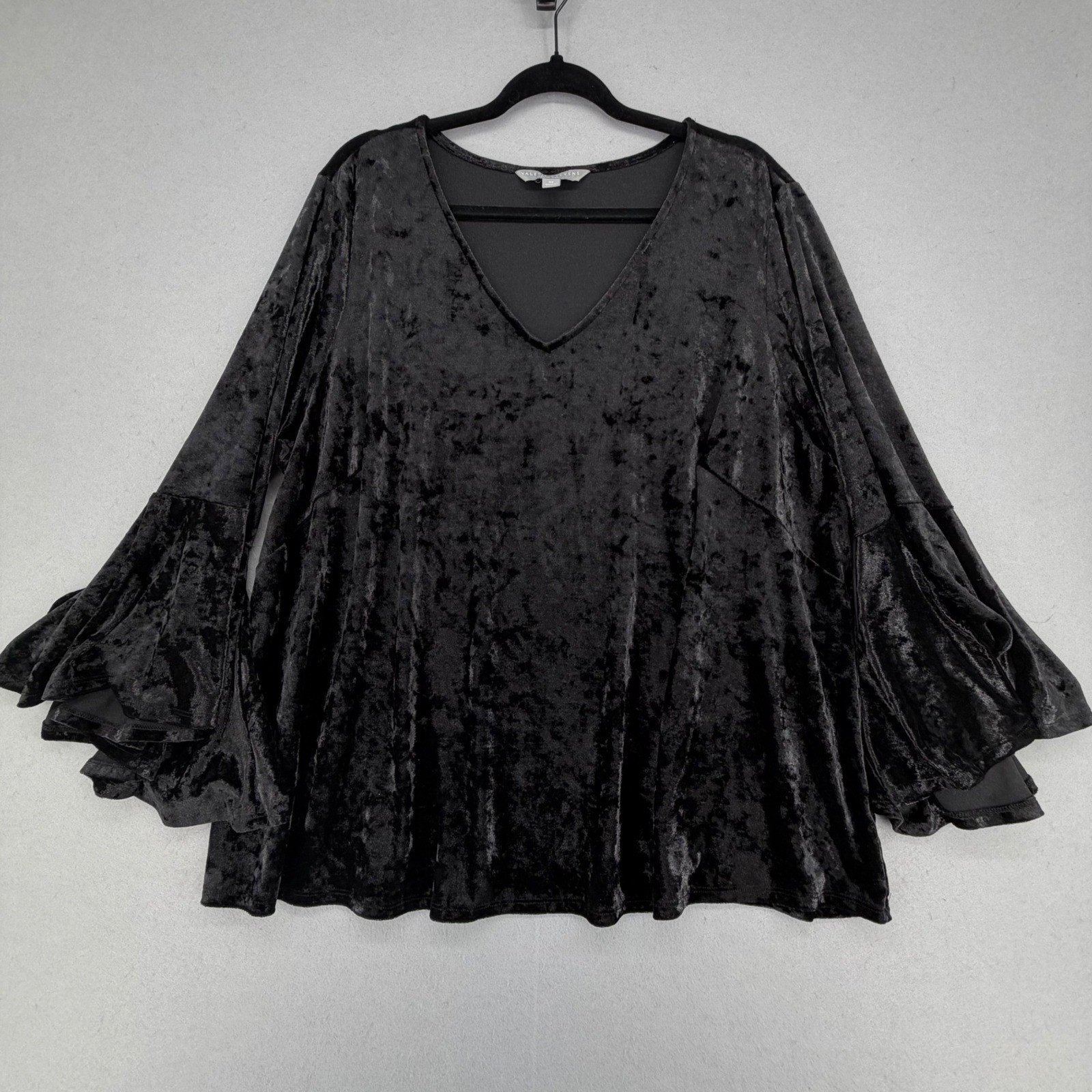 Whimsygoth Dark Romantic Plus Size Black Crushed Velvet Bell Sleeve Top 3X