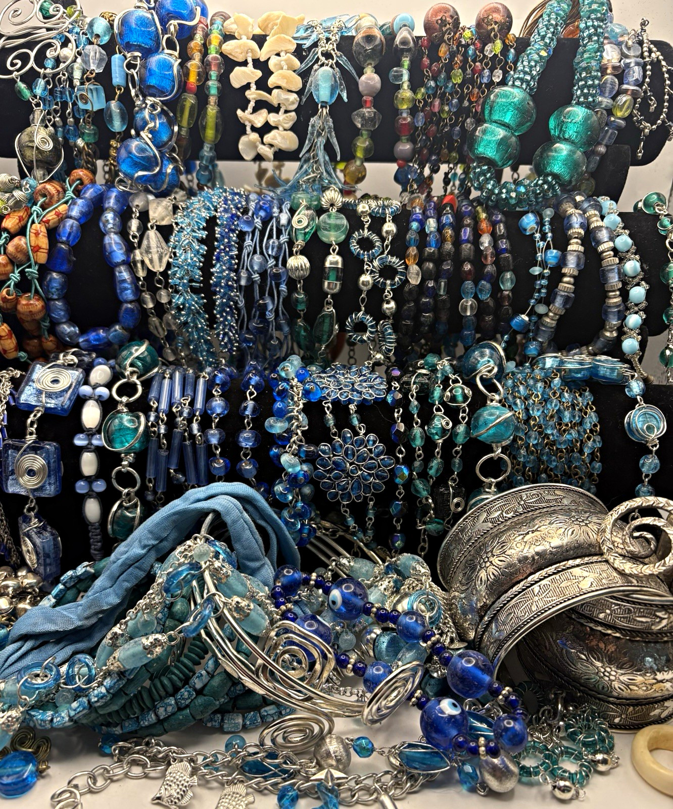 50+ pc Bohemian Jewelry Mixed Lot Necklaces Bracelets Bangles Blue/Silver