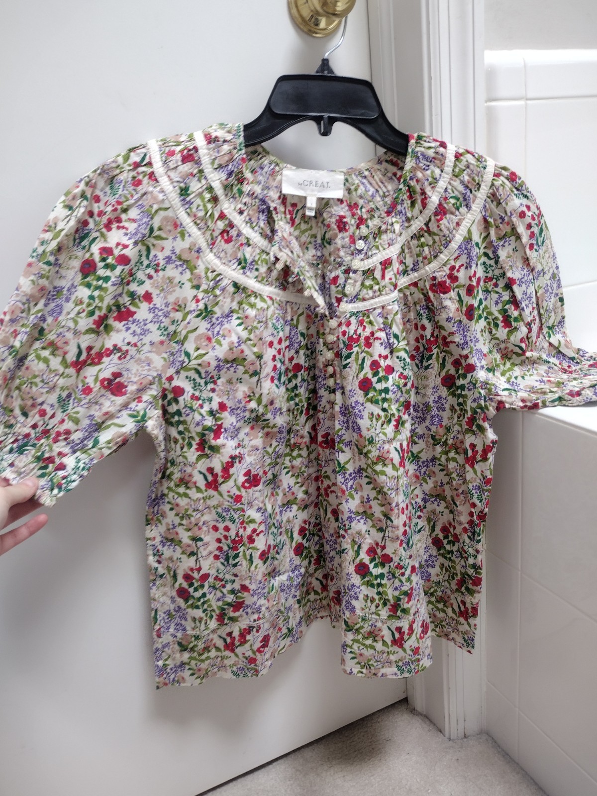 THE GREAT. Multicolor Floral Woven Cotton Puff Sleeve Button Blouse 1