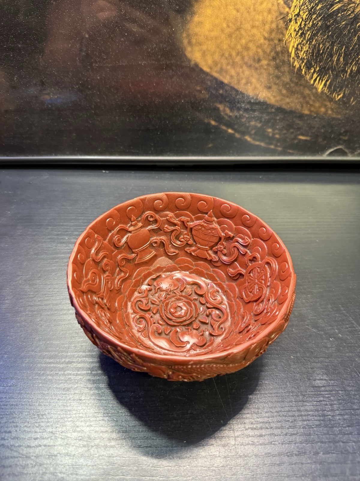 Vintage National Palace Museum Taiwan Red Cinnabar Style Dragon Bowl Chinese